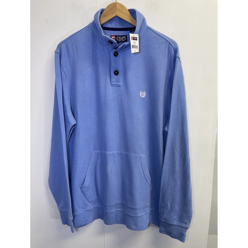 Chaps Men's L Long Sleeve‎ 1/4 Button Mockneck French Rib Sweater Blue w/Pocket